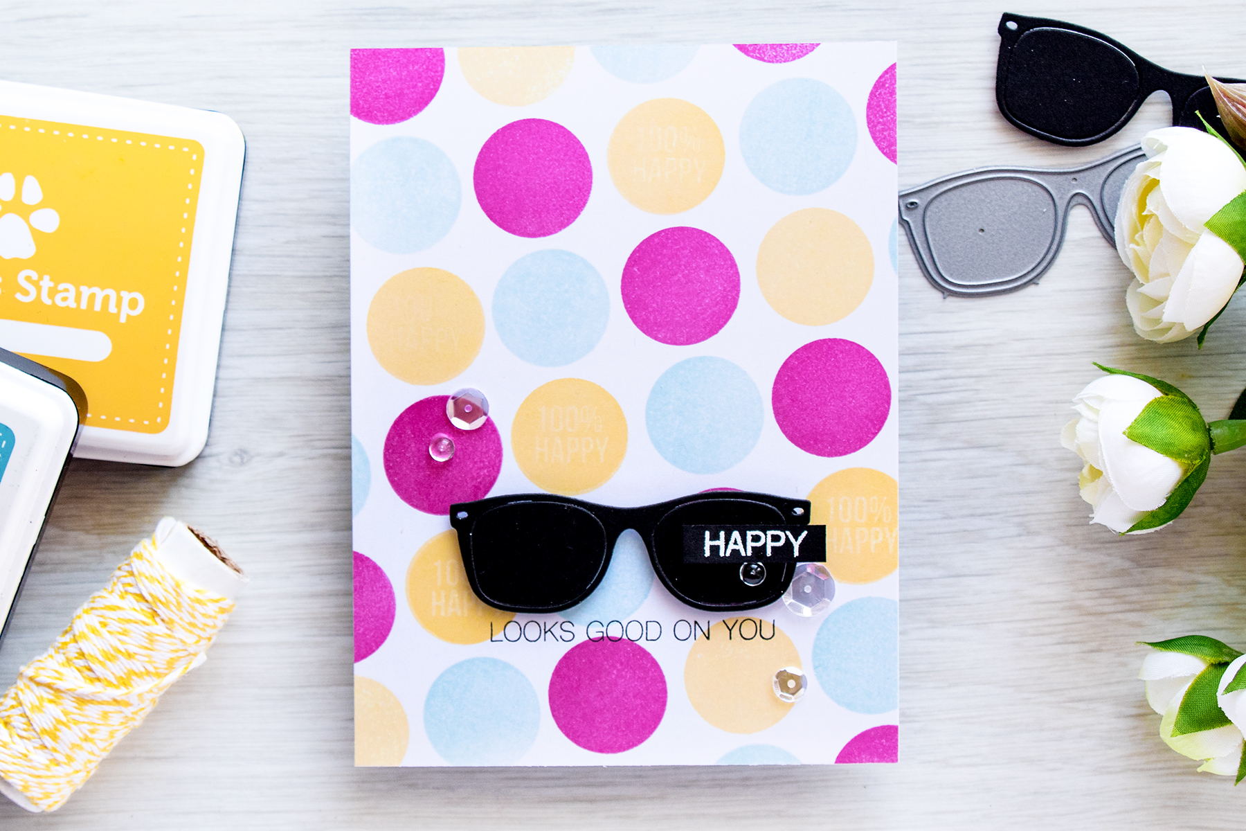 Simon Says Stamp | Happy Looks Good On You Sunglasses Die Cut and circle stamped pattern. Card and video by @yanasmakula