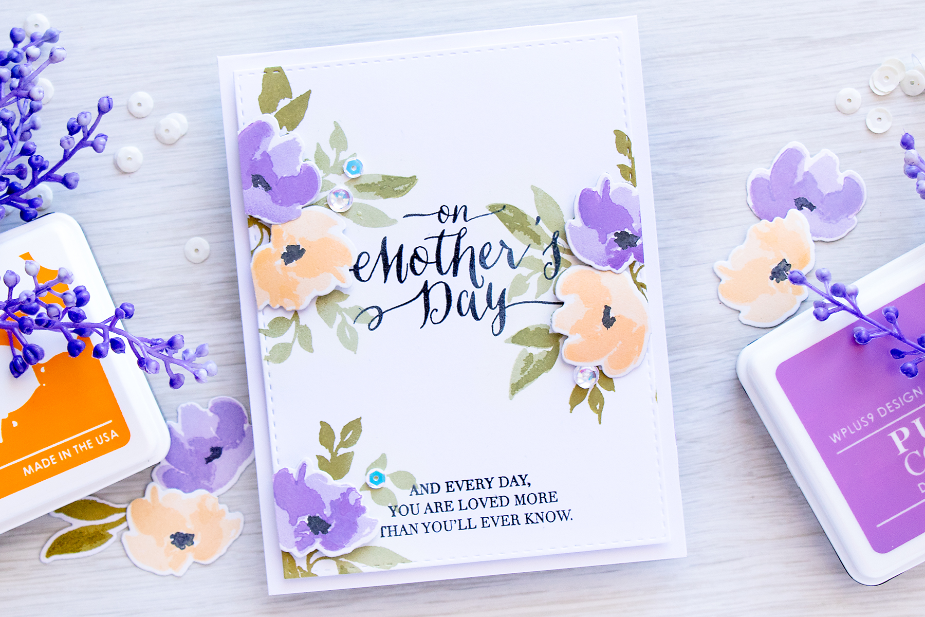 WPlus9 | Stretching inks for color layering stamps. Video. Mother's Day Card with Watercolored Anemones