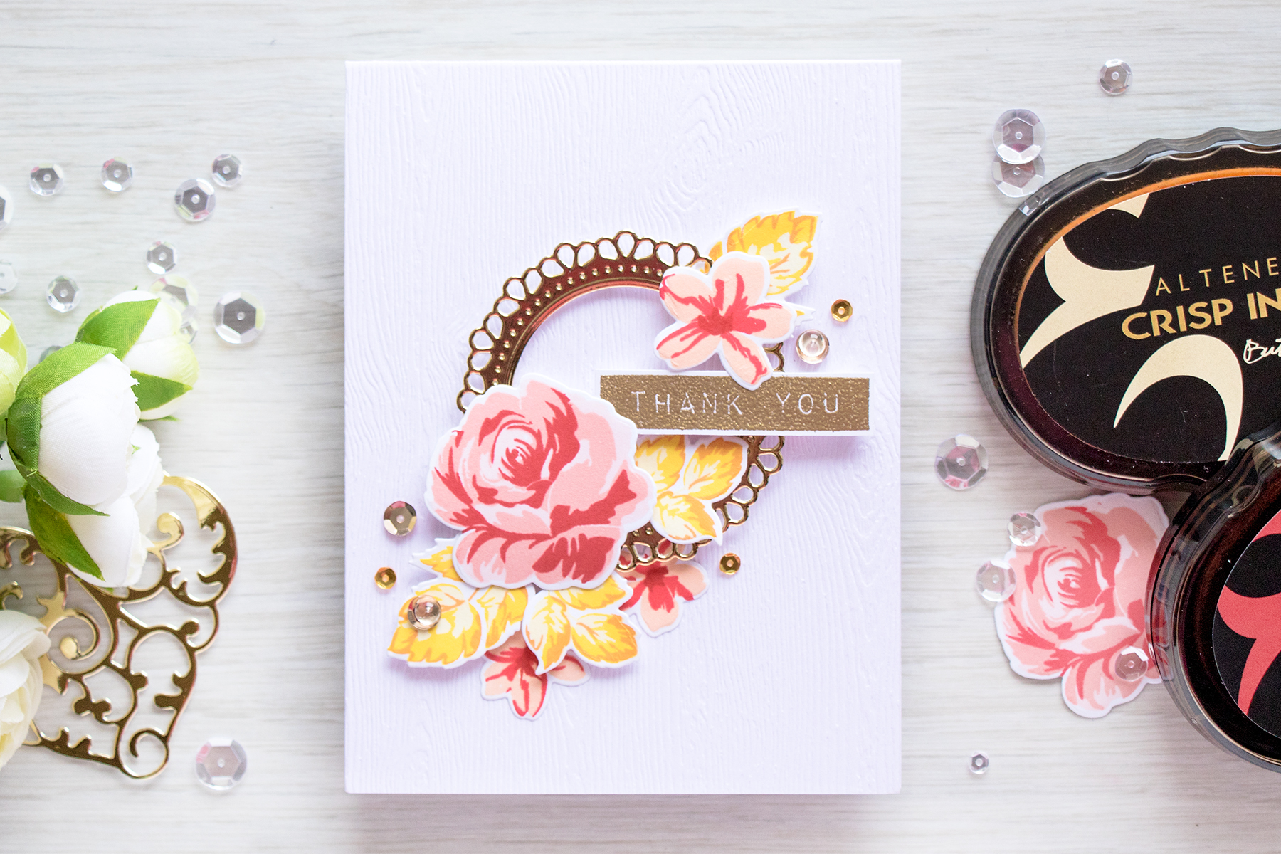 My Perfect Cardmaking Formula: White Cardstock + Gold Die Cut Frame + Florals + Sentiment