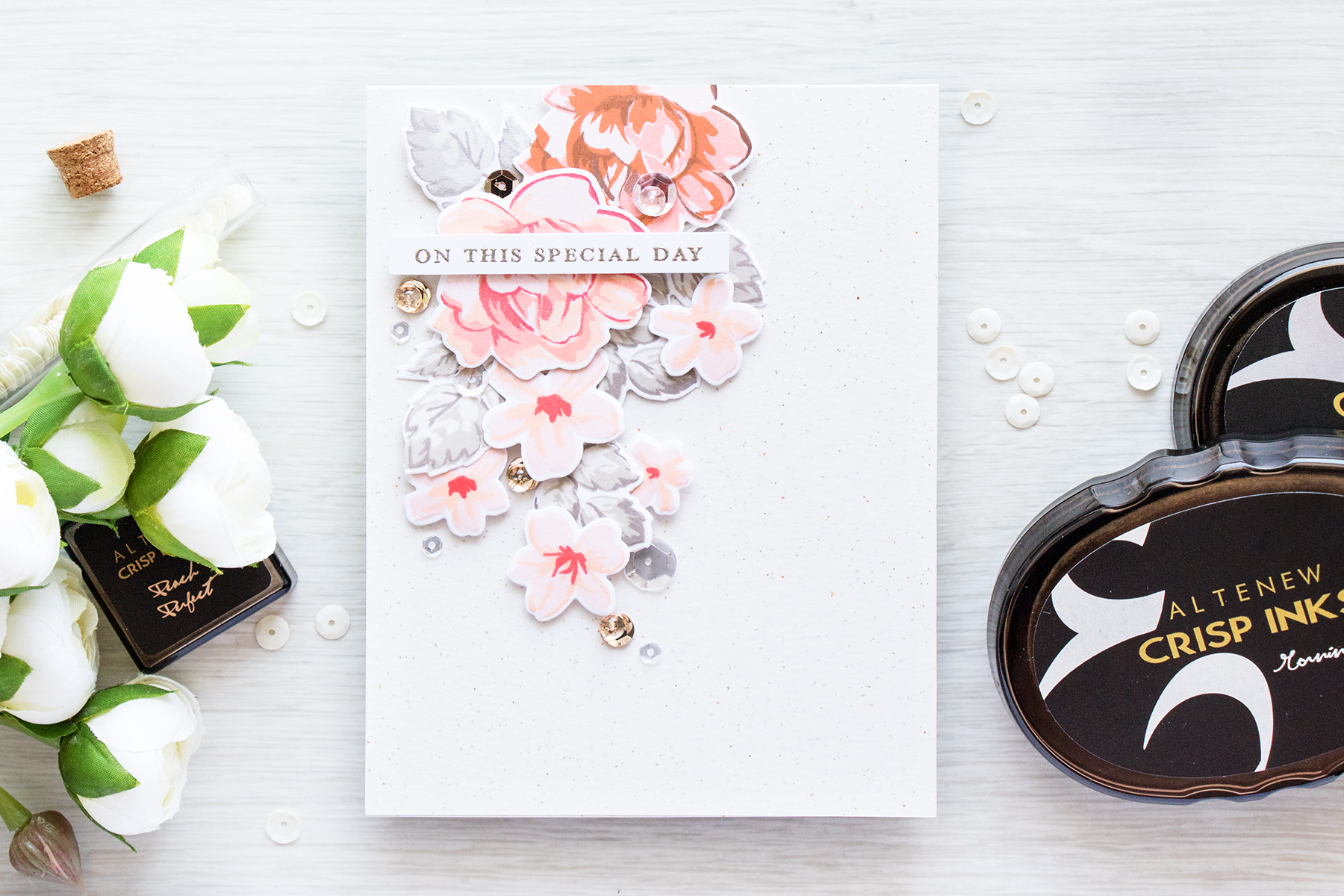 Tips for selecting color combinatios for cards - On This Special Day Wedding Card using Altenew Vintage Flowers stamps + dies