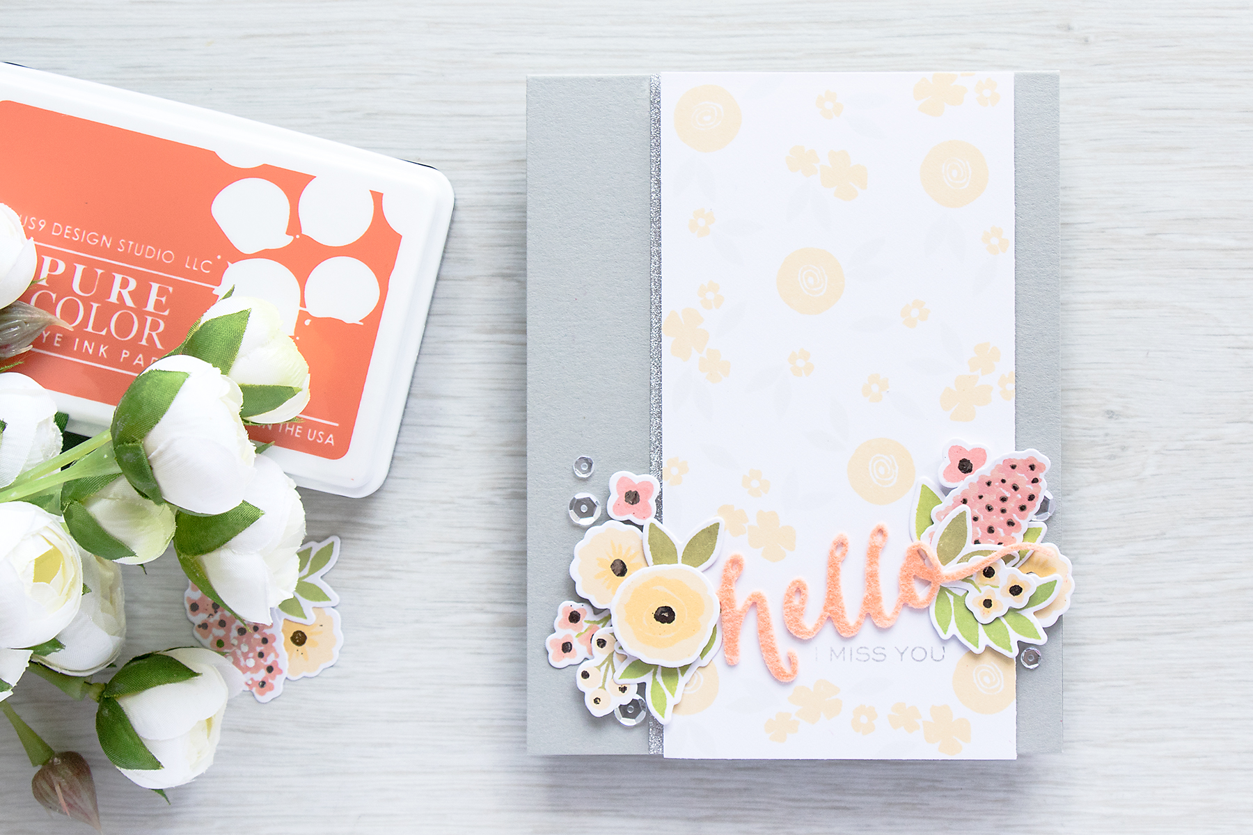 WPlus9 | Silver Foiled Accents on Flowers - Hello I Miss You Card by Yana Smakula using Fresh Cut Florals Stamps & Dies