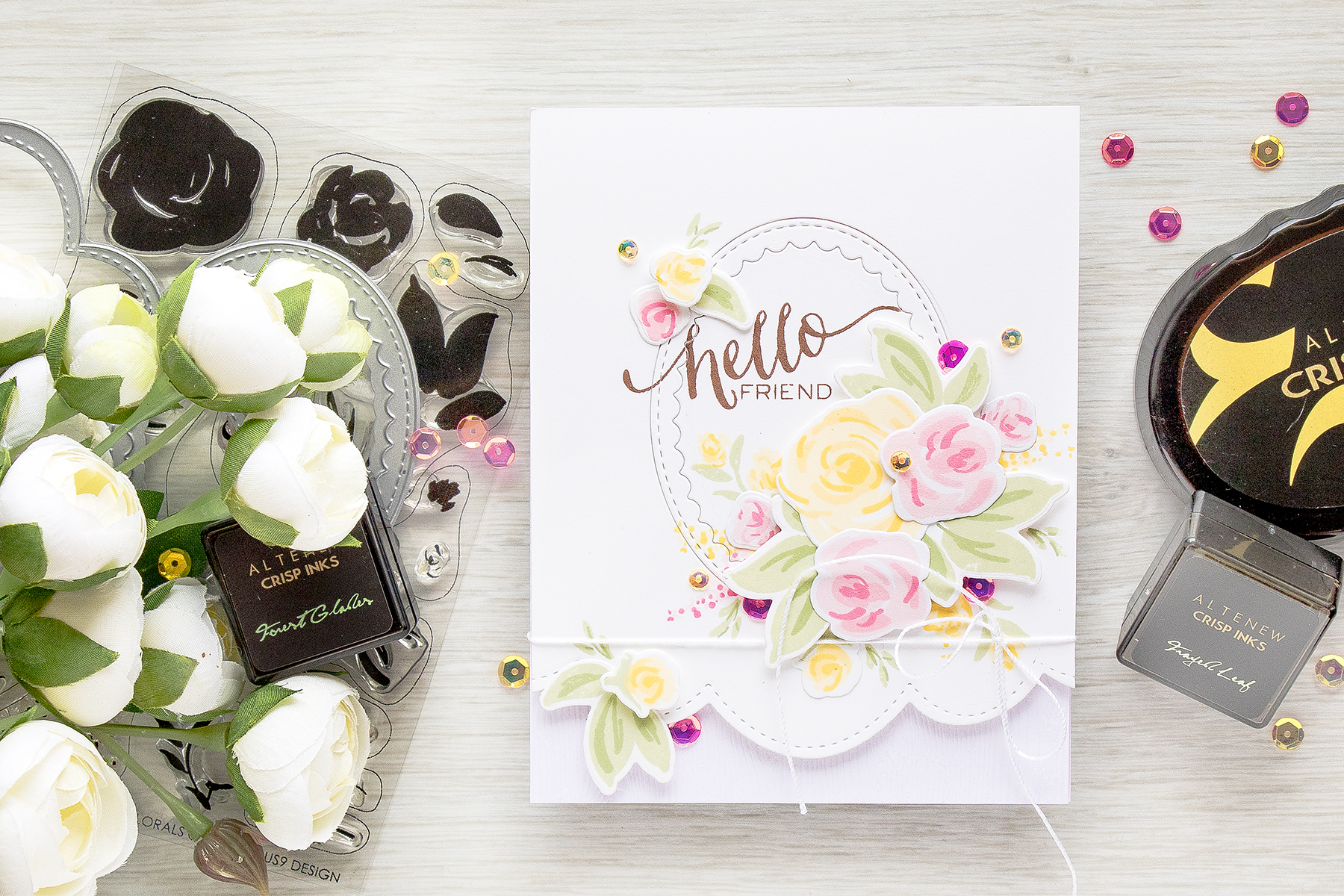 Create Simple Floral Card with Faux Hand Pained Flowers using stamps from WPlus9, inks from Altenew and dies from Pretty Pink Posh. Watch video tutorial for details - https://www.youtube.com/watch?v=CZ0tVIv8O_s