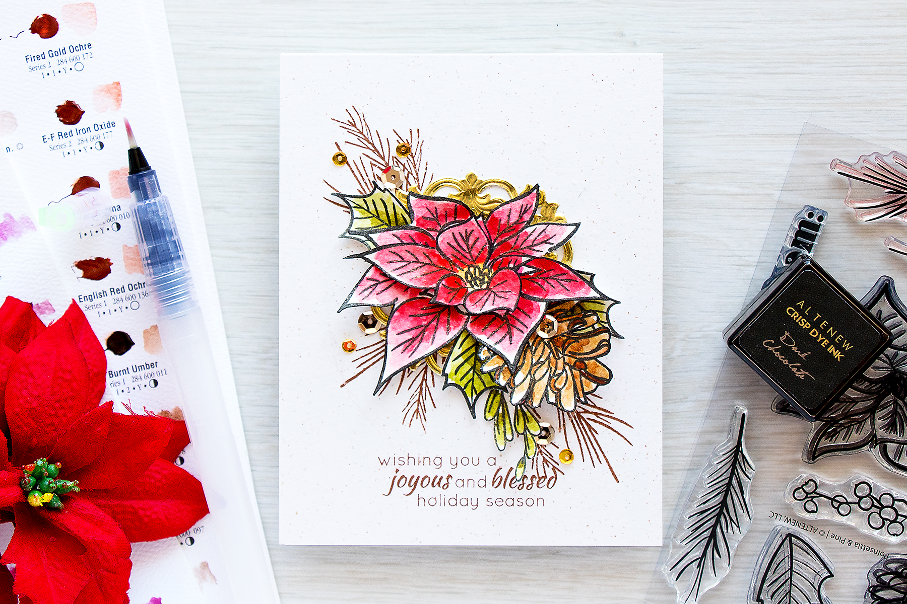 Altenew | Watercolor Poinsettia & Pine Christmas Card