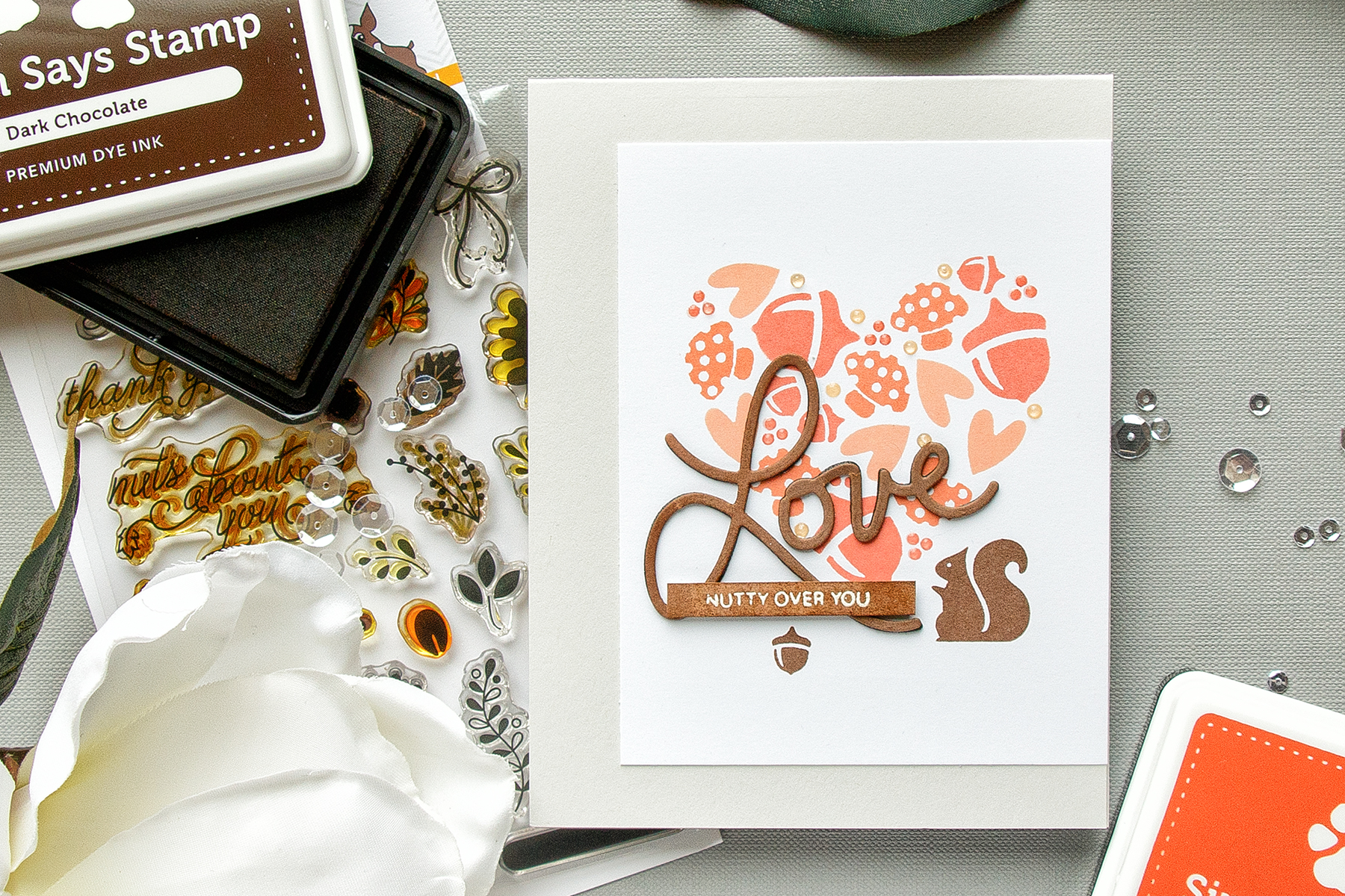 Simon Says Stamp | Nutty Over You - Acorn Valentine's Day Card by Yana Smakula. Love Card. Handmade Card. Stamped Squirrel & Acorn. Acorn Heart. Mushroom Heart