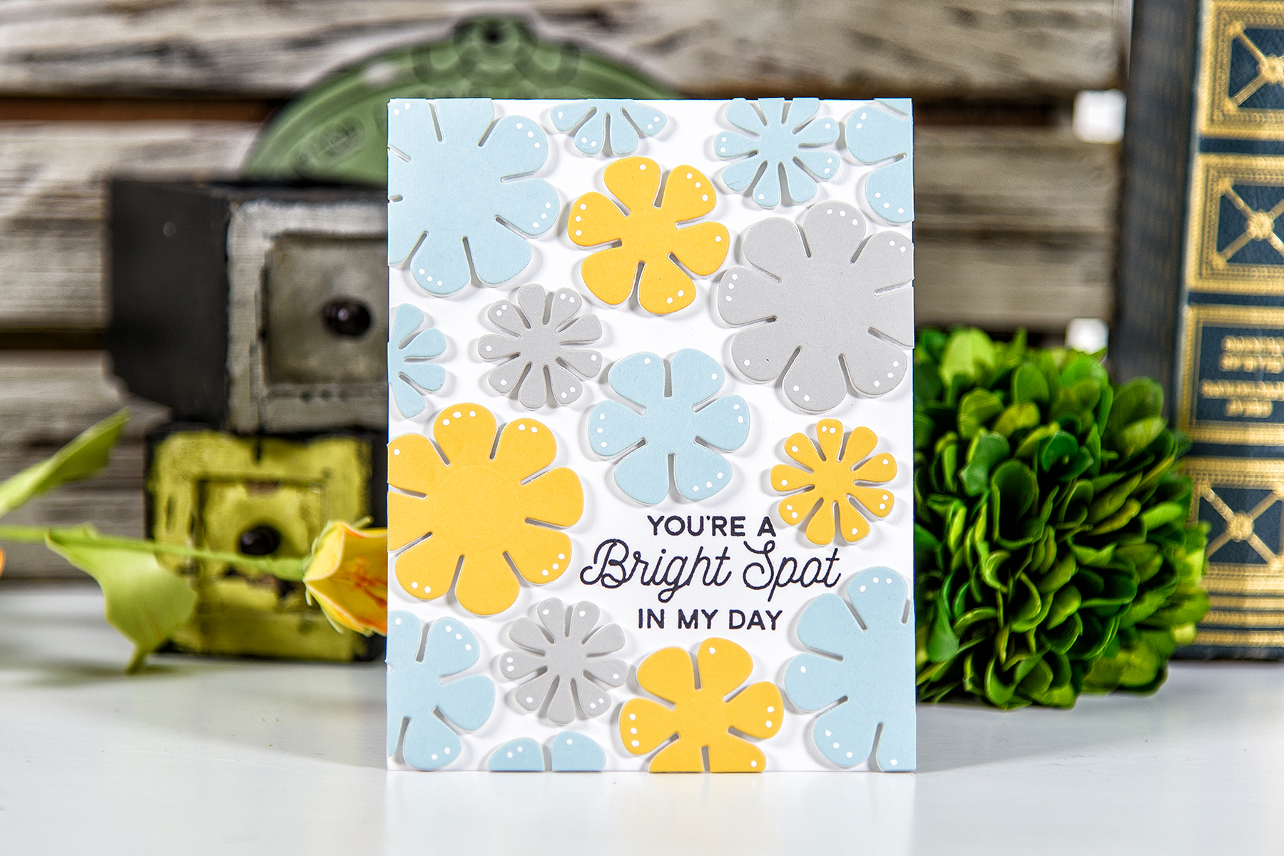 Spellbinders | You're A Bright Spot In My Day Card using S2-269 Die D-Lites Flower Power Etched Dies. Project by Yana Smakula