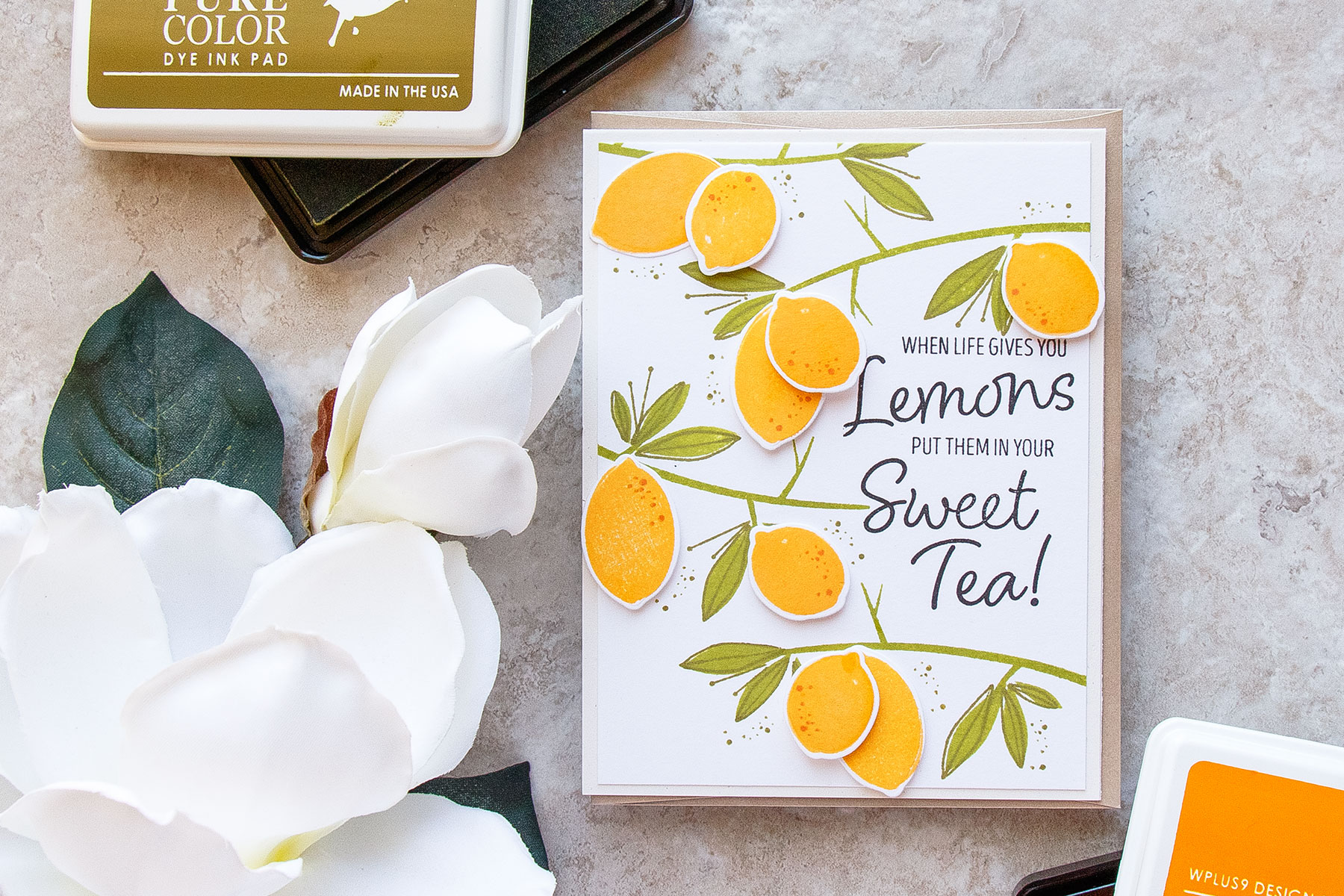 WPlus9 | Lemon Tree Branches Pattern. When Life Gives You Lemons - Put Them in Your Sweet Tea. Handmade card using Summer Citrus stamp set from WPlus9 Video tutorial by Yana Smakula