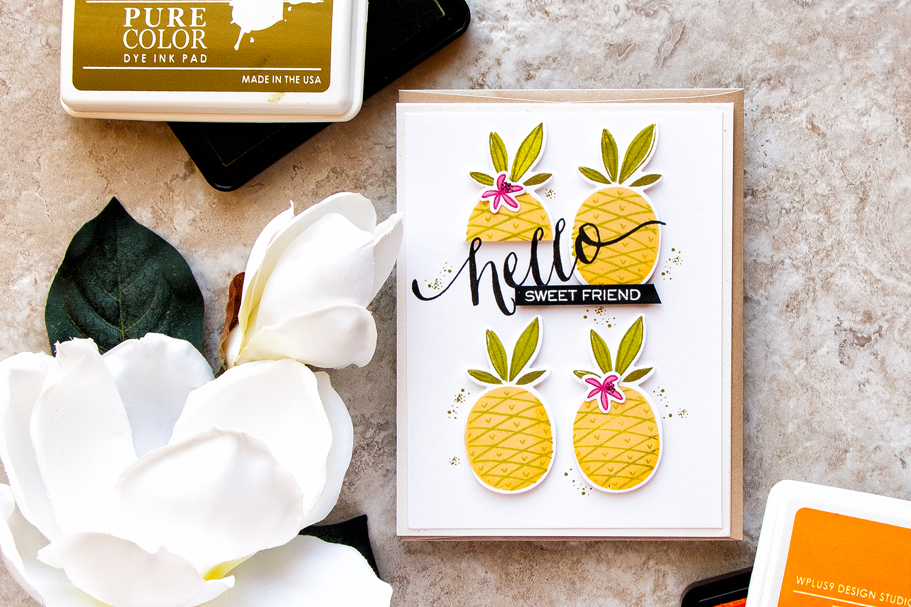 WPlus9 | Sweet Friend Pineapple Card by Yana Smakula using Summer Citrus and Hand Lettered Hello stamps. Video tutorial