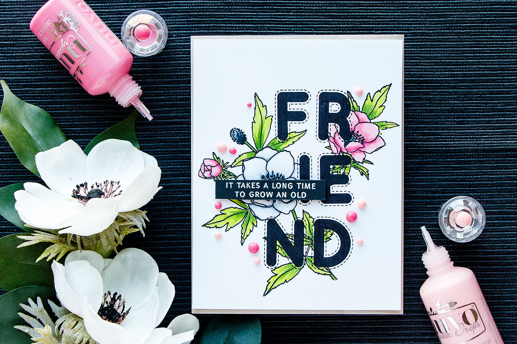 Simon Says Stamp | Outline Letters Into Solid With Copics. Video tutorial. Modern Anemones and Stitched Alphabet stamp sets. Floral Friendship card