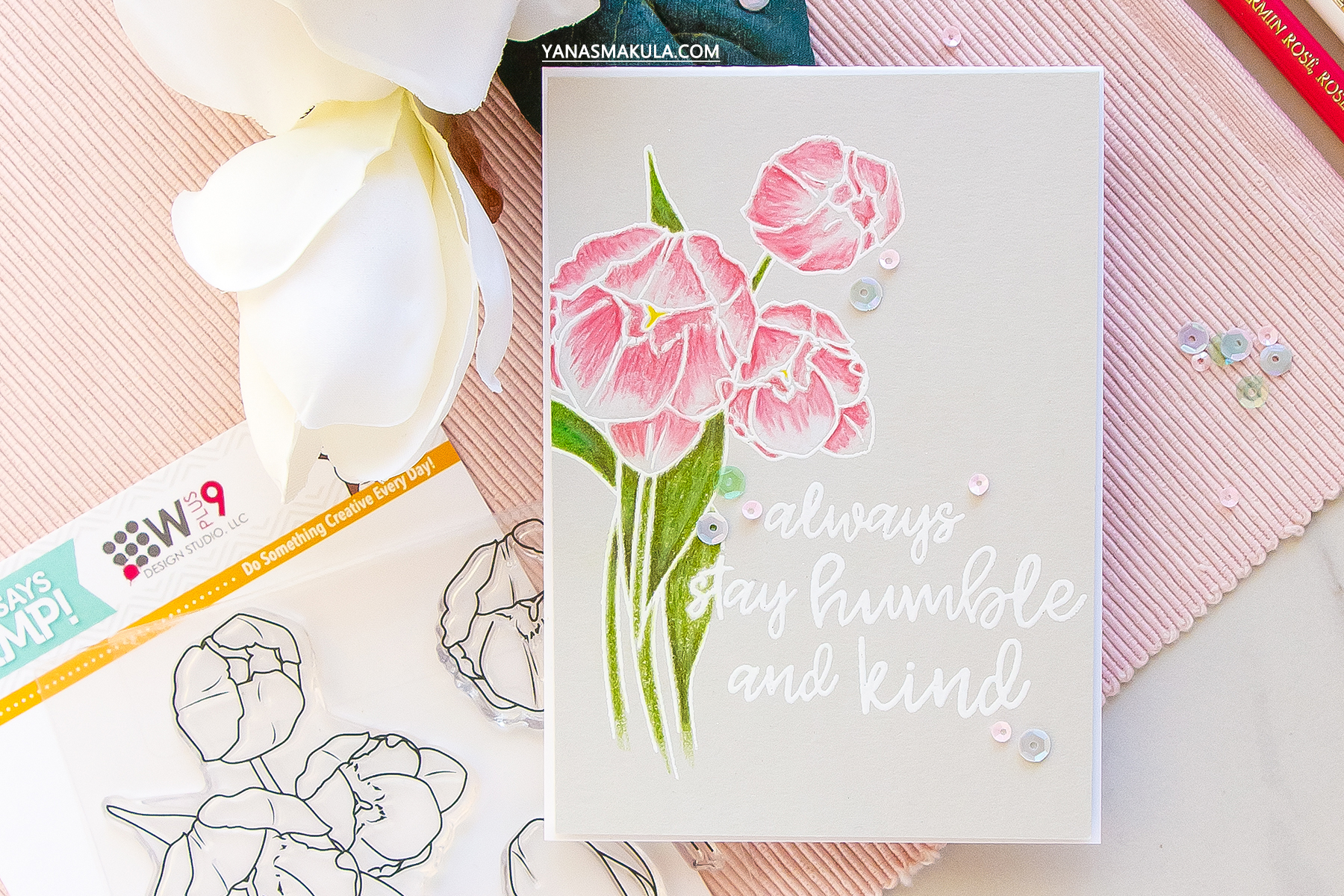 It’s STAMPtember! | WPlus9 Exclusive – Humble & Kind. Pencil colored tulips card by Yana Smakula