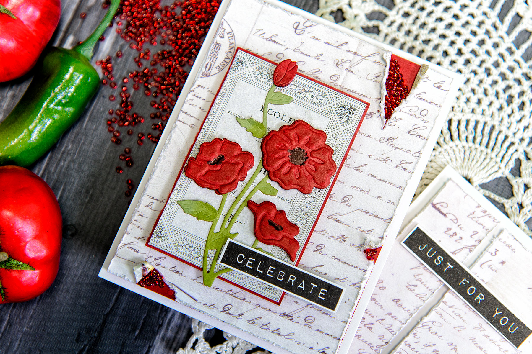 Spellbinders | Colored Cardstock Poppies "Celebrate" Card by Yana Smakula. Using S4-815 Poppies Dies #diecutting #spellbinders #handmadecard