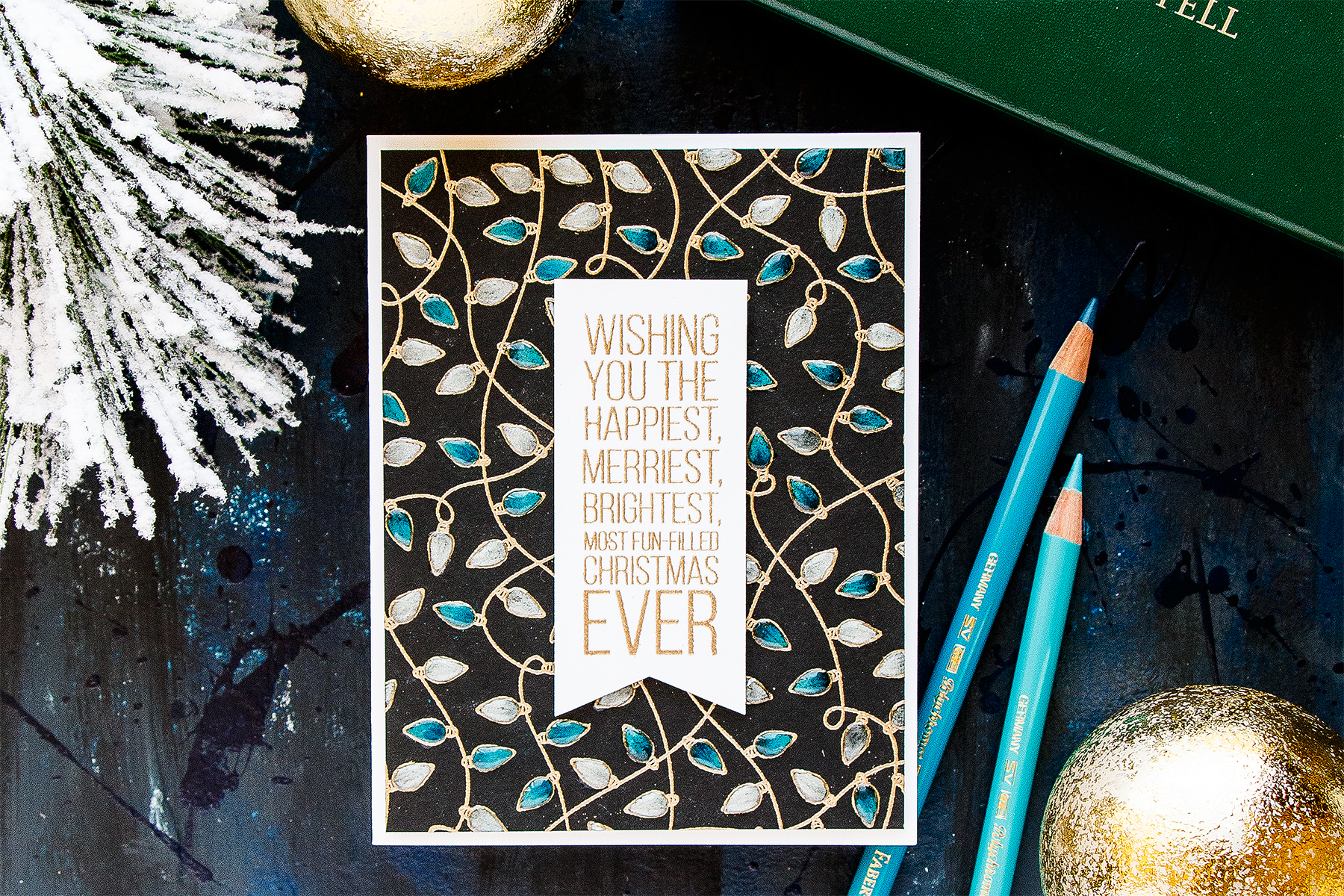 Simon Says Stamp | Christmas Lights on Black in Blue & White. Christmas Card by Yana Smakula #stamping #pencilcoloring #cardmaking