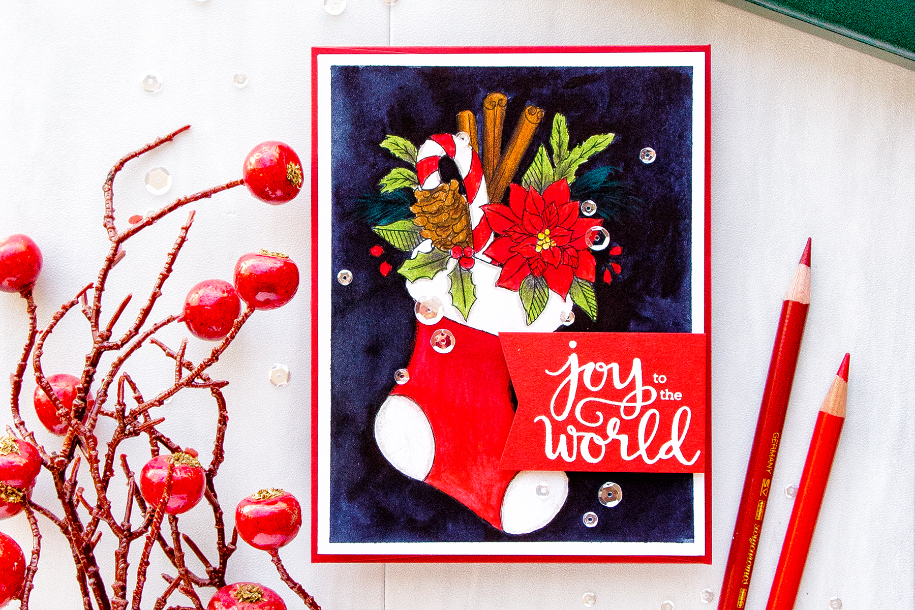 Simon Says Stamp | Suzy’s Classical Christmas Watercolor Prints - Joy To The Words Pencil & Watercolor card by Yana Smakula #simonsaysstamp #christmascard #cardmaking