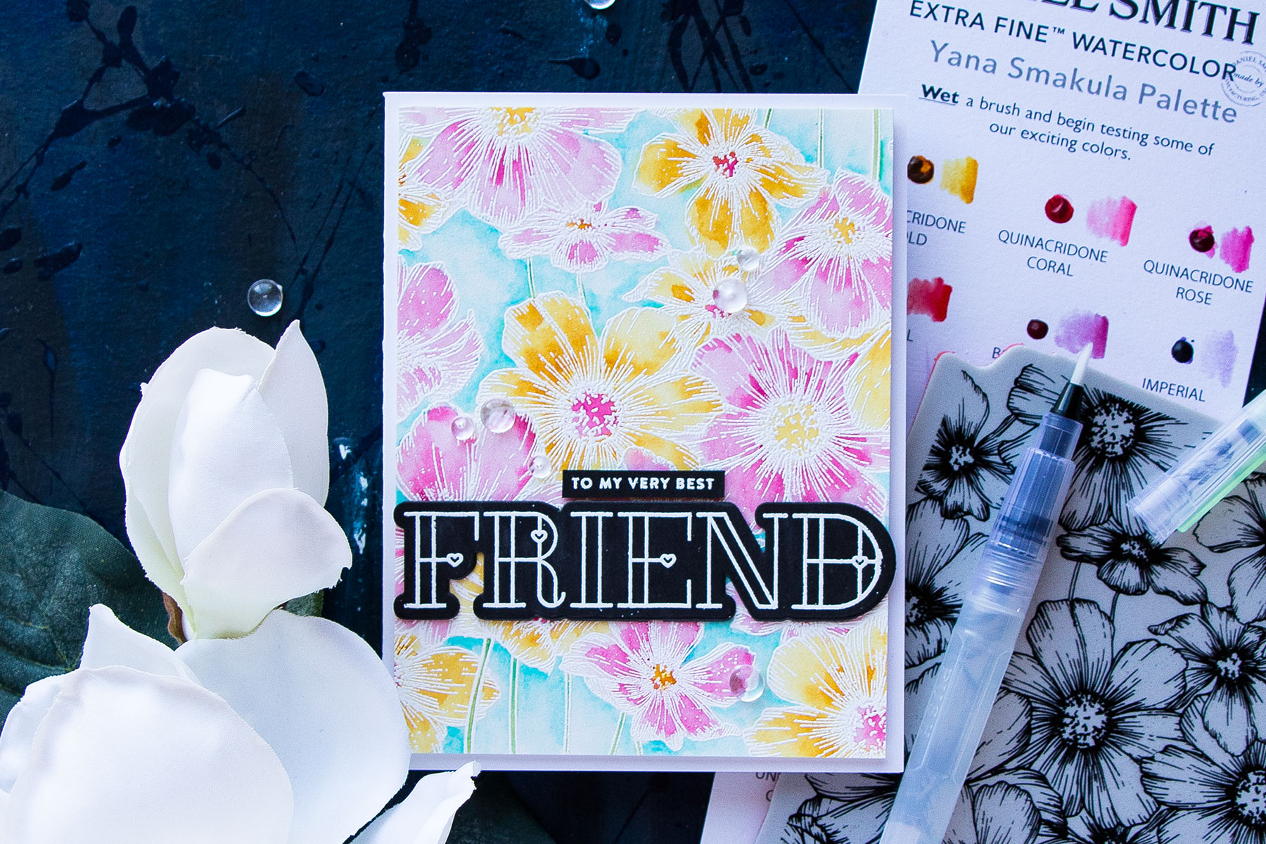 Simon Says Stamp | How To Use Daniel Smith Dot Chart Watercolor Sheet - Watercoloring Cosmos Background - To My Very Best Friend Card by Yana Smakula. Video tutorial #simonsaysstamp #ssslove #stamping #watercolor #handmadecard