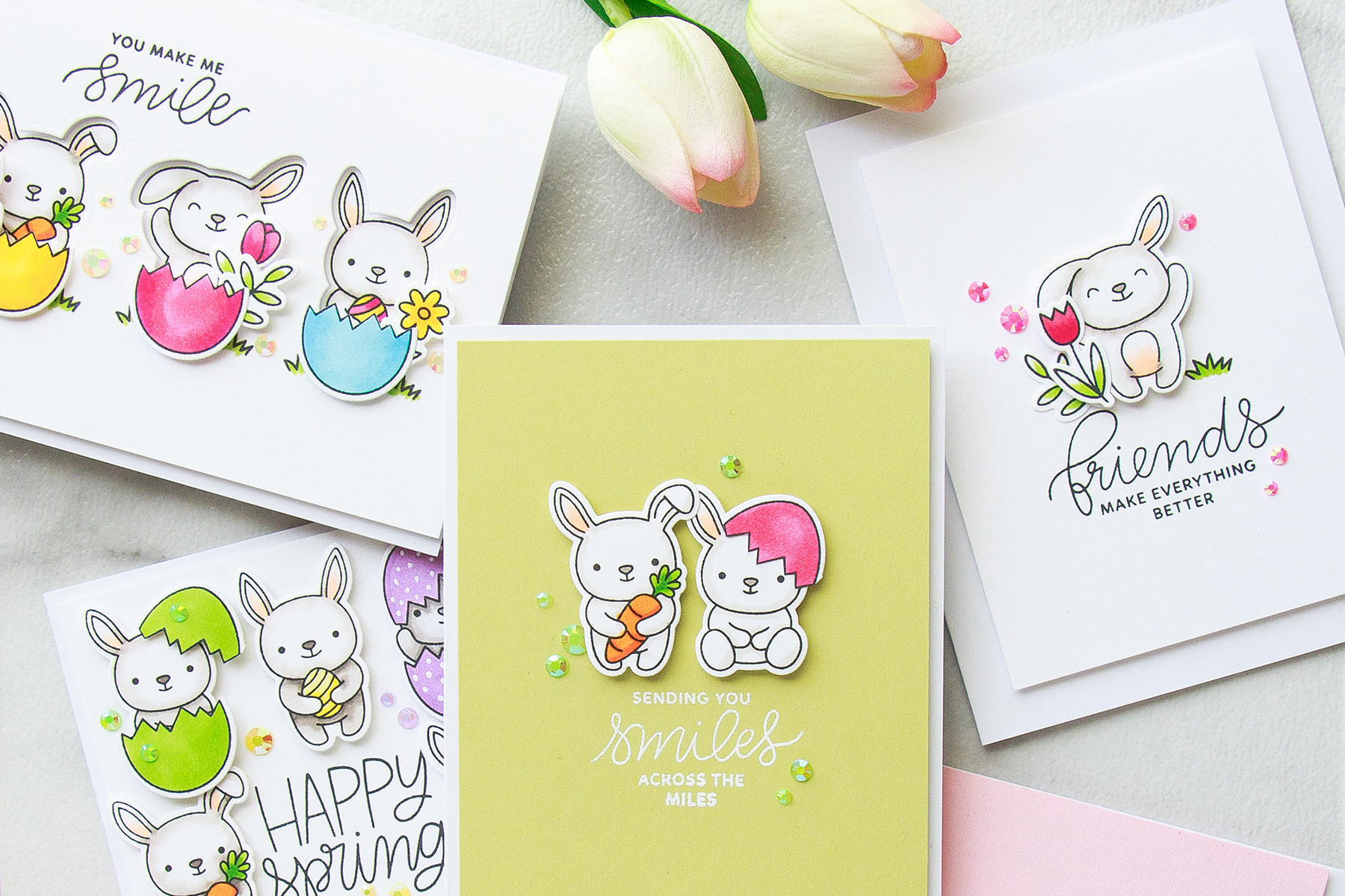 Pretty Pink Posh | Colorful Spring Card Ideas by Yana Smakula using Bunny Friends stamp set. Video #cardmaking #easter #stamping #handmadecard