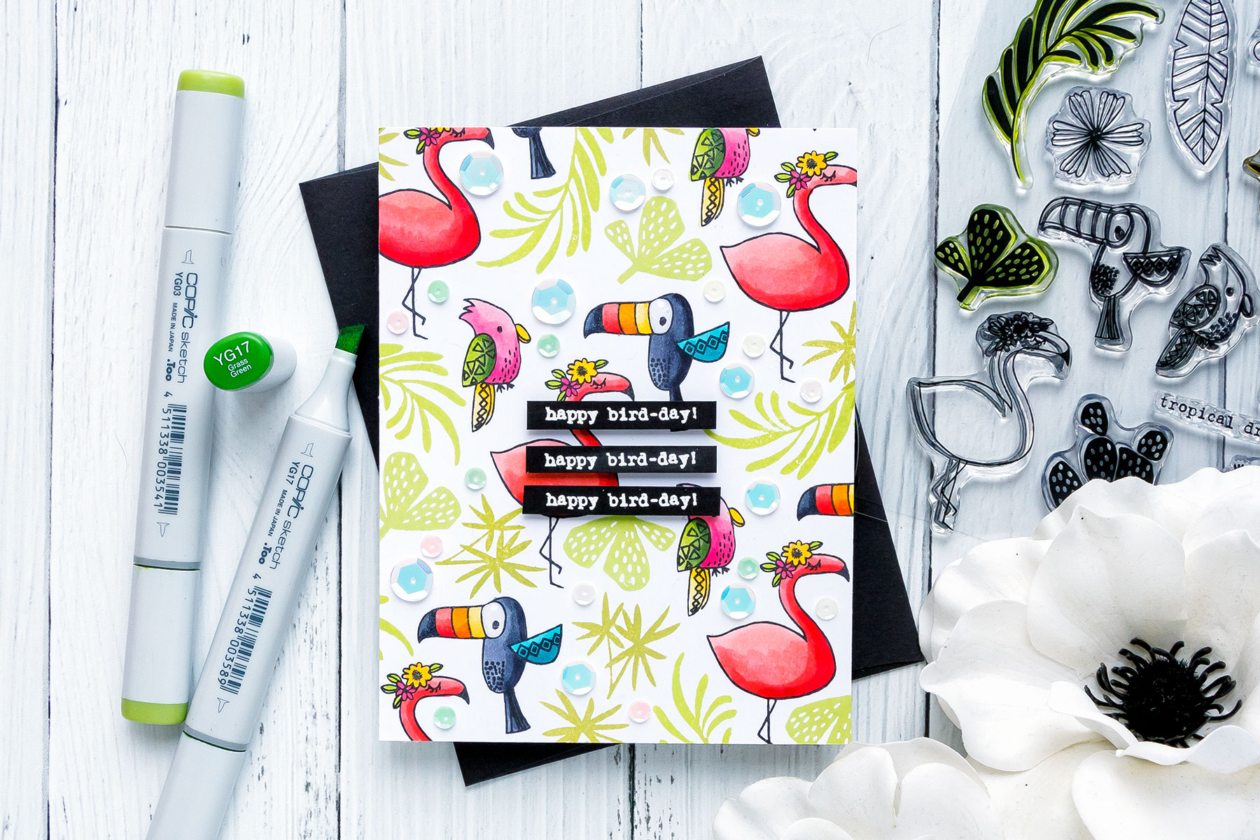 Flora & Fauna | Happy Bird-Day Card featuring Tropical Vibes stamp set. Photo Tutorial by Yana Smakula #stamping #patternstamping #birthdaycard #cardmaking #floraandfaunaclear