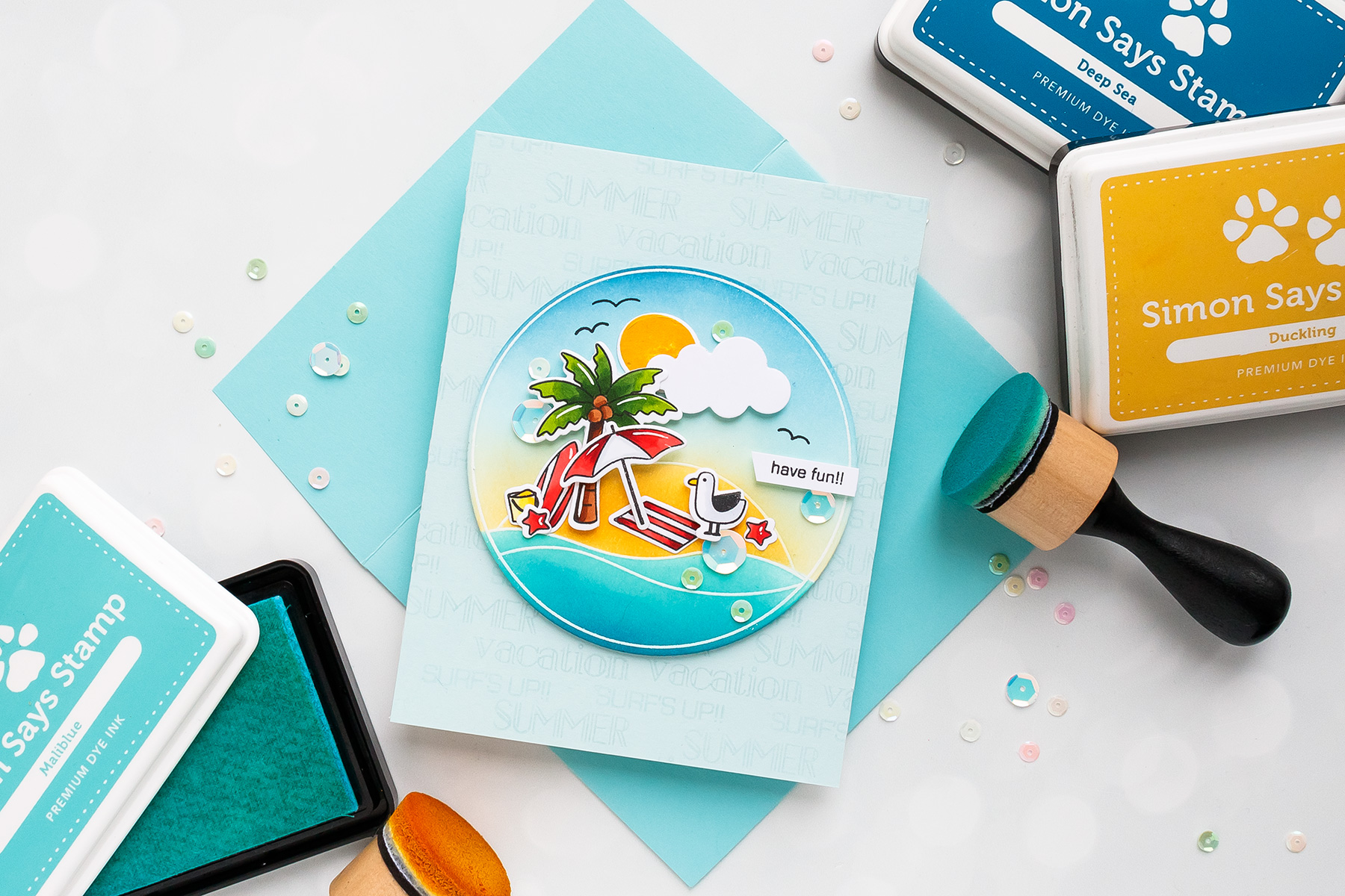 Simon Says Stamp | Good Vibes Release. Copic Colored & Ink Blended Summer Vacation Card. Video by Yana Smakula #stamping #sssgoodvibes #simonsaysstamp