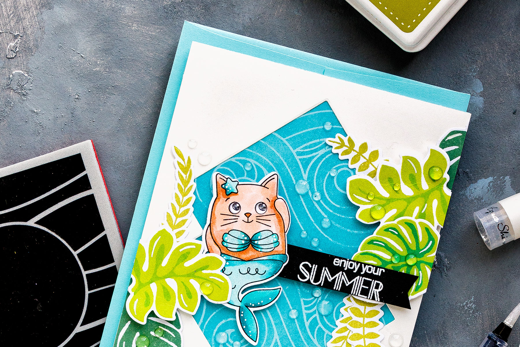 Simon Says Stamp | Summer & Mermaids Card by Yana Smakula using Summer Cuddly Critters and Beachy Waves stamps #simonsaysstamp #sssgoodvibes #stamping #cardmaking #handmadecard