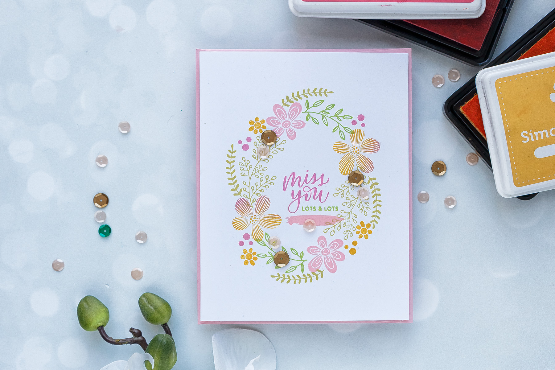 Simon Says Stamp | Easy Mirror Wreath Stamping - Miss You Card. Photo Tutorial by Yana Smakula #stamping #simonsaysstamp #cardmaking