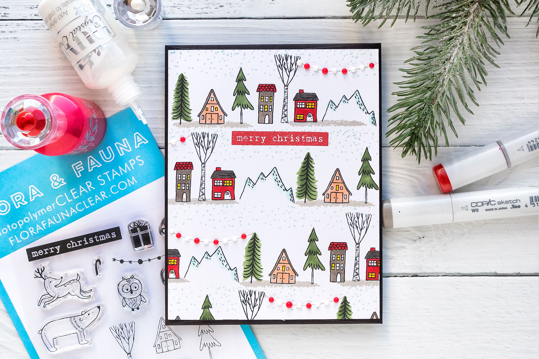 How to stamp a one layer Christmas Village card. Flora & Fauna | One Layer Holiday Village Card. Photo Tutorial featuring Woodland Snowglobe stamp set #cardmaking #christmascard