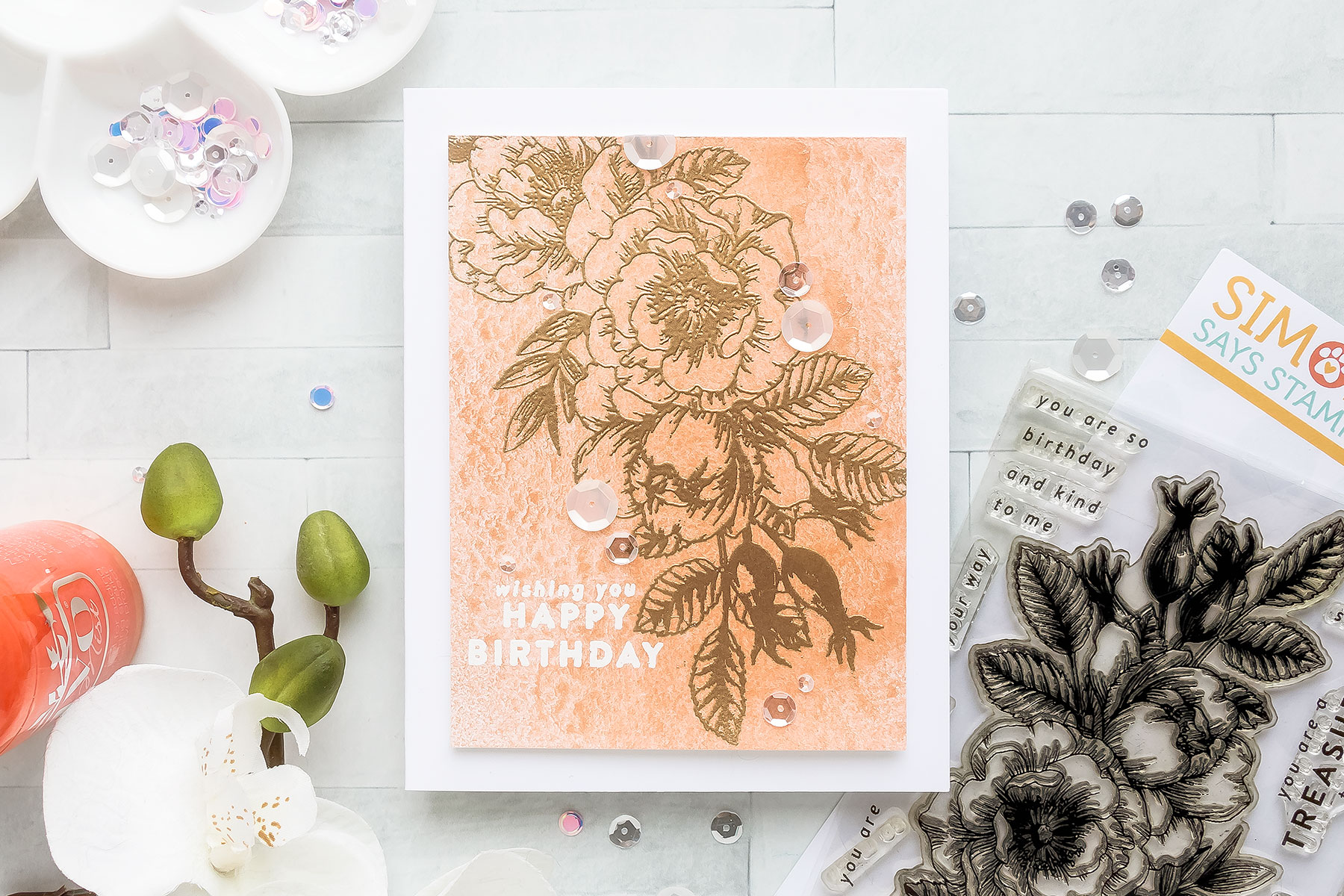 Simon Says Stamp | No-Coloring Floral Birthday Card with Mica Mist by Tonic Studios. Short Video tutorial by Yana Smakula