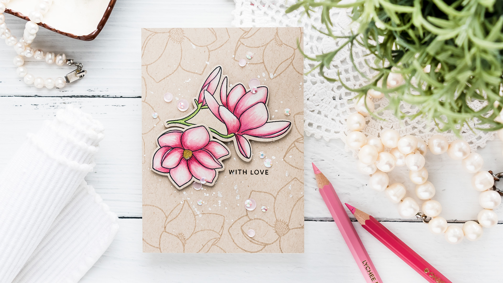 How to Color with Chameleon Dual Ended Color Pencils - 4Bar Magnolia Bloom Greeting Card with Pretty Pink Posh stamps. Video tutorial by Yana Smakula