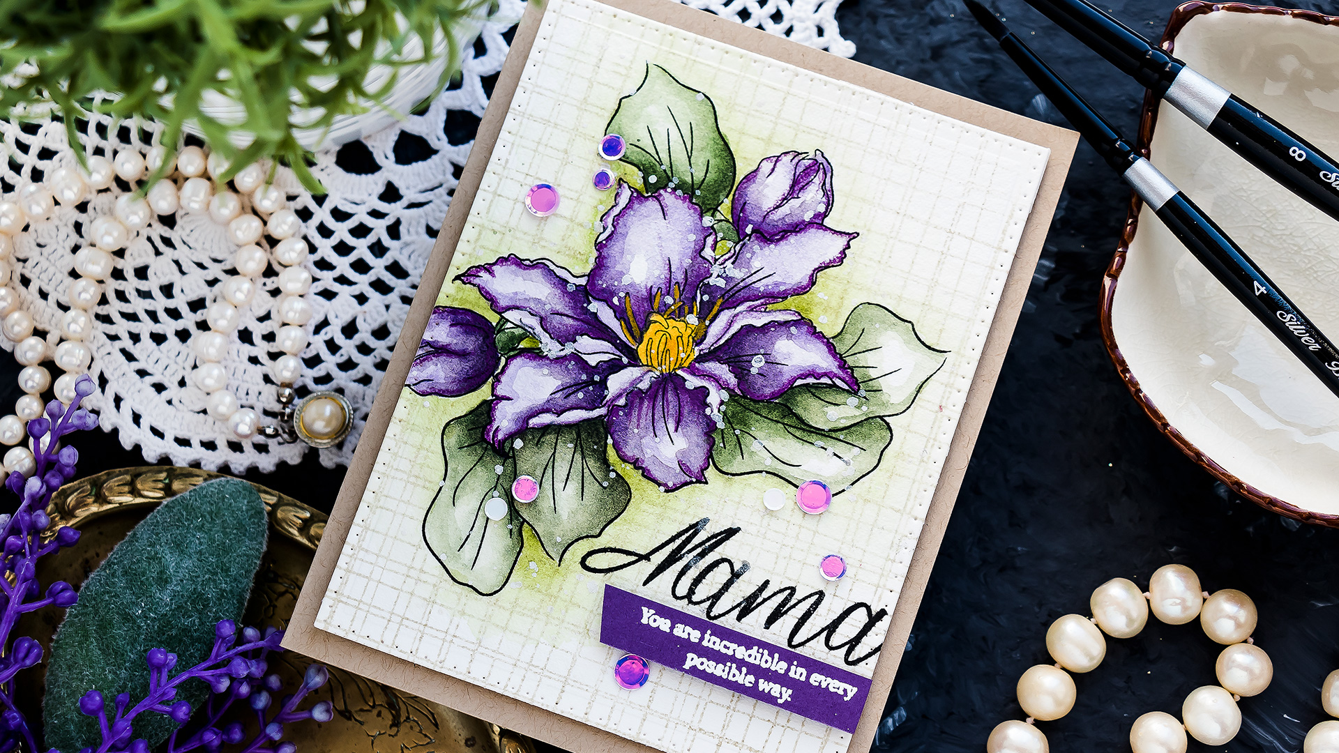 Simon Says Stamp | Watercolor Clematis Card for Mom. Video tutorial by Yana Smakula. How to watercolor clematis.