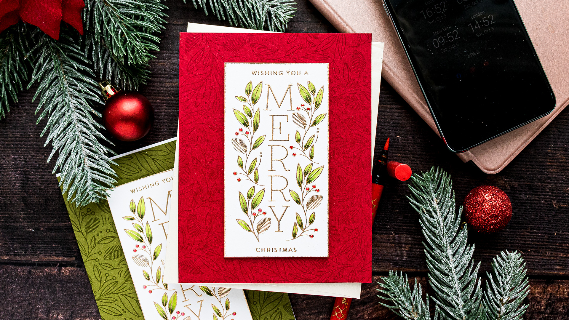 Simon Says Stamp | Cheer & Joy Release. Modern Christmas Cards. Video tutorial by Yana Smakula featuring SSS202037 Holiday Greetings Mix 1 and SSS102039 Leaves and Berries stamps #simonsaysstamp #cardmaking #christmascard