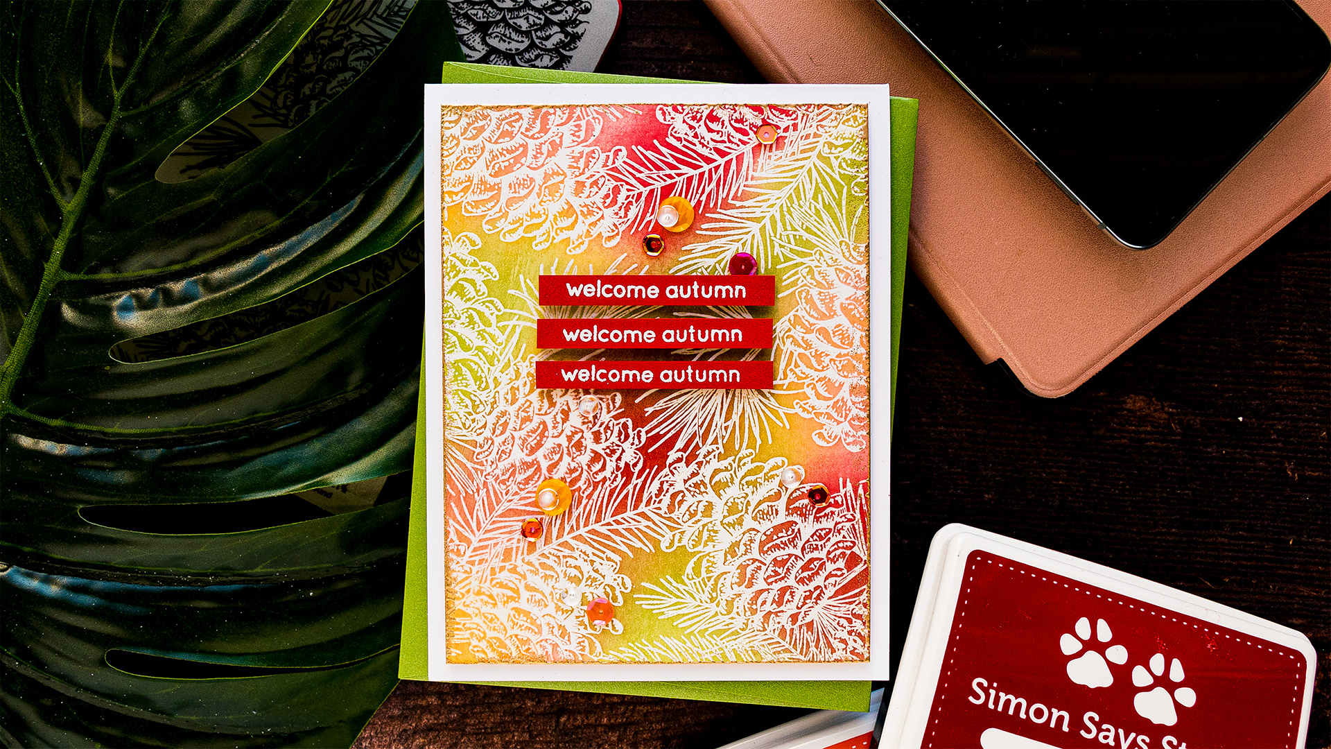 Simon Says Stamp | Autumn Card with Ink Blending & Emboss Resist. Video tutorial by Yana Smakula featuring PINECONE BACKGROUND sss102094 #simonsaysstamp #cardmaking