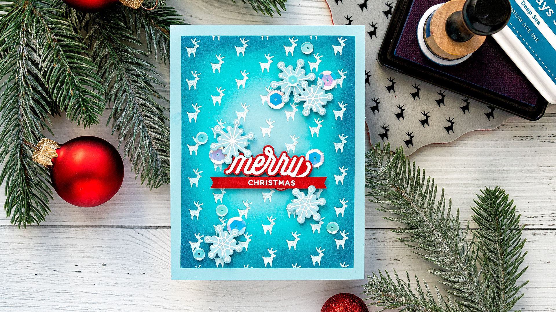 Simon Says Stamp | Teal & Red Christmas Card featuring REINDEER BACKGROUND cz44 and ORNAMENTAL CZ26 #simonsaysstamp #cardmaking #christmascard