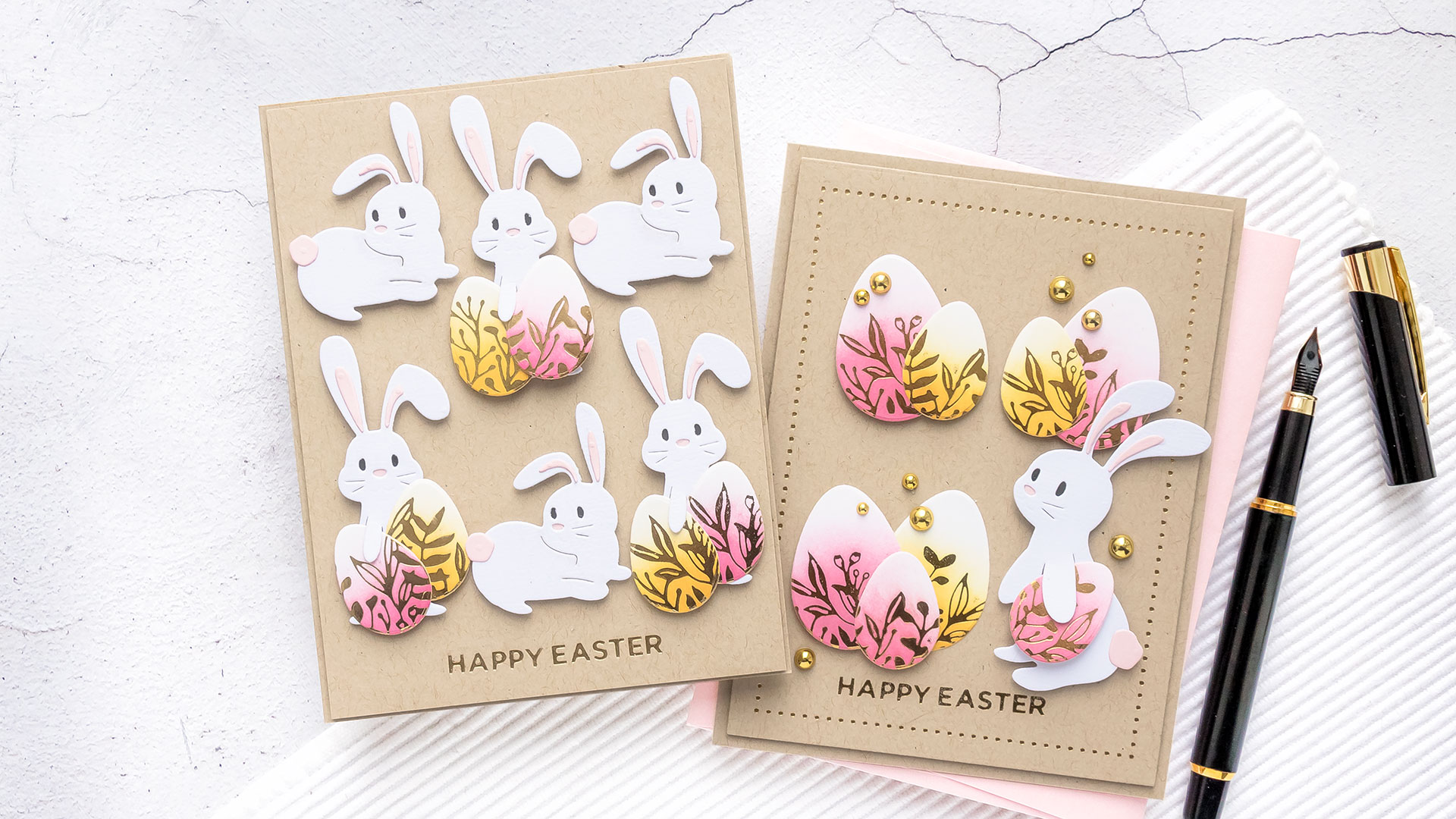 Spellbinders | Foiled Happy Easter Cards featuring March 2020 Clubs - Glimmer Hot Foil Kit of the Month – Eggstra Special; Large Die of the Month – Basket Full of Bunnies; Small Die of the Month – 24 Carrot #Spellbinders #NeverStopMaking #SpellbindersClubKits #EasterCard