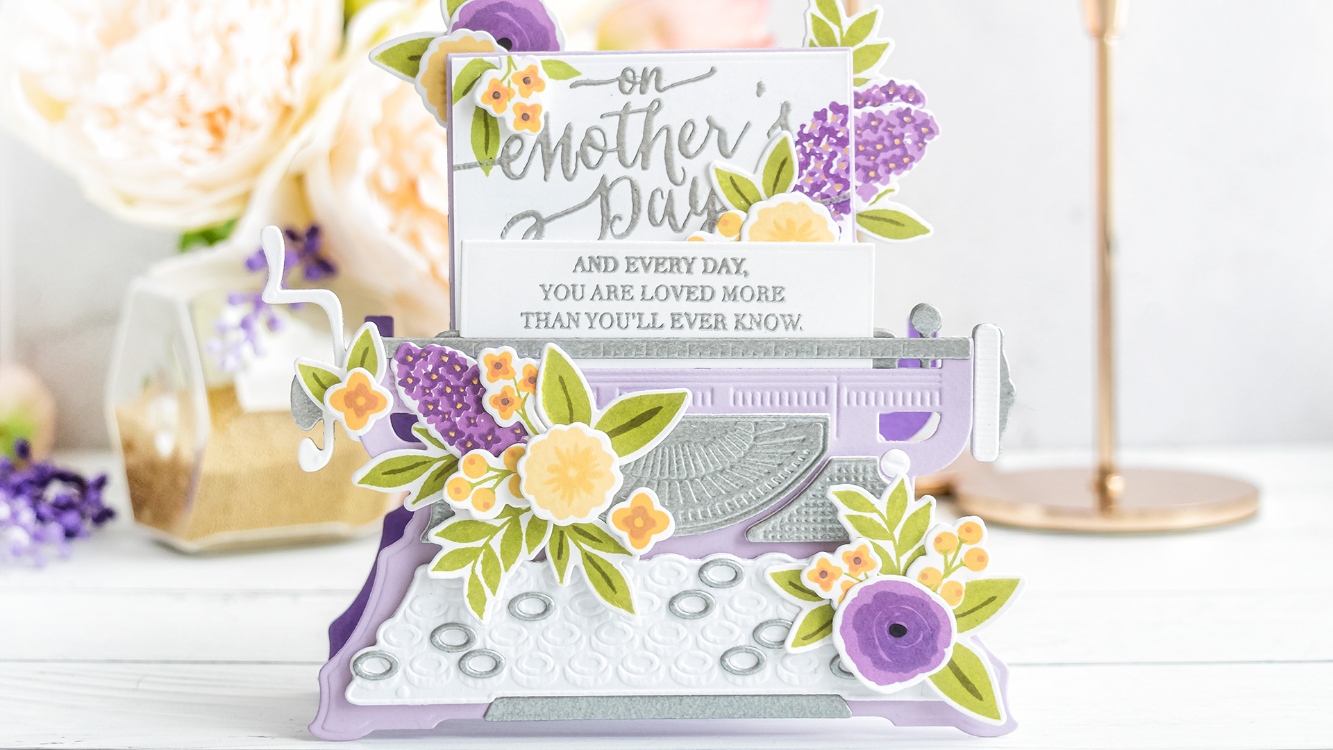 Spellbinders | Dimensional Typewriter Mother's Day Card. April 2020 Amazing Paper Grace Die of the Month Club. Video tutorial by Yana Smakula #Spellbinders #NeverStopMaking #Diecutting #SpellbindersClubKits #AmazingPaperGraceDieOfTheMonth