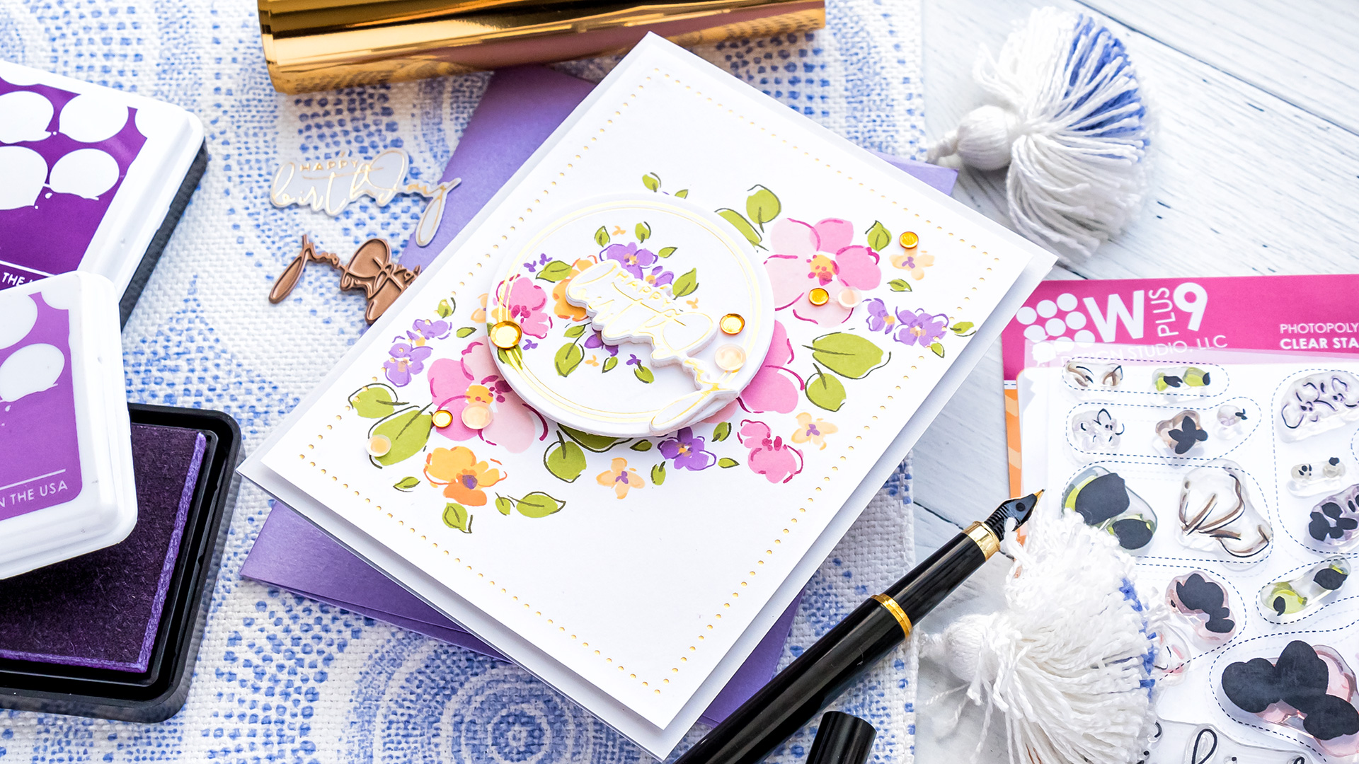 WPlus9 | Foiled Floral Birthday Card by Yana Smakula featuring WPlus9 Thinking of You stamp set + Spellbinders Yana's Foiled Sentiments #wplus9 #Spellbinders #hotfoiling #cardmaking