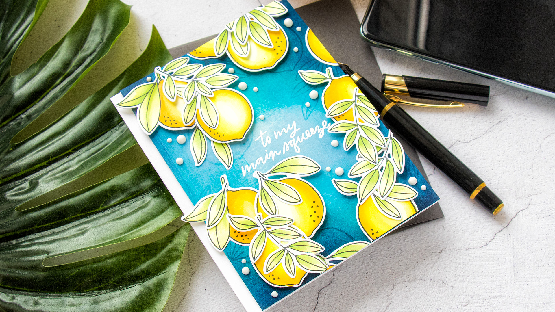 Citrus Card with My Favorite Things. Cardmaking process video & tutorial with Yana Smakula #MFTStamps #cardmaking #stamping #copiccoloring