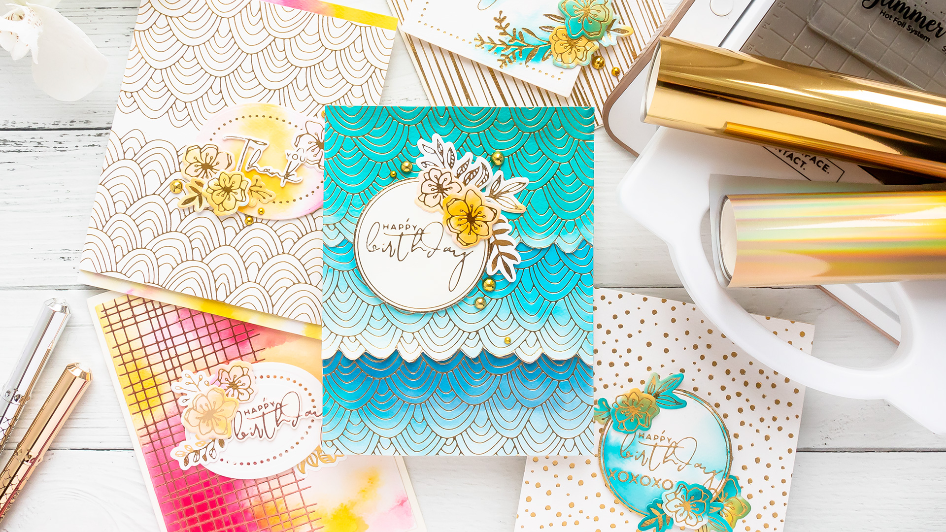 Hot Foil Stamping & Watercolor techniques combined with Spellbinders Glimmer Hot Foil System and Jane Davenport Mermaid Markers. Video tutorial by Yana Smakula #cardmaking #handmadecards #GlimmerHotFoilStaming #NeverStopMaking