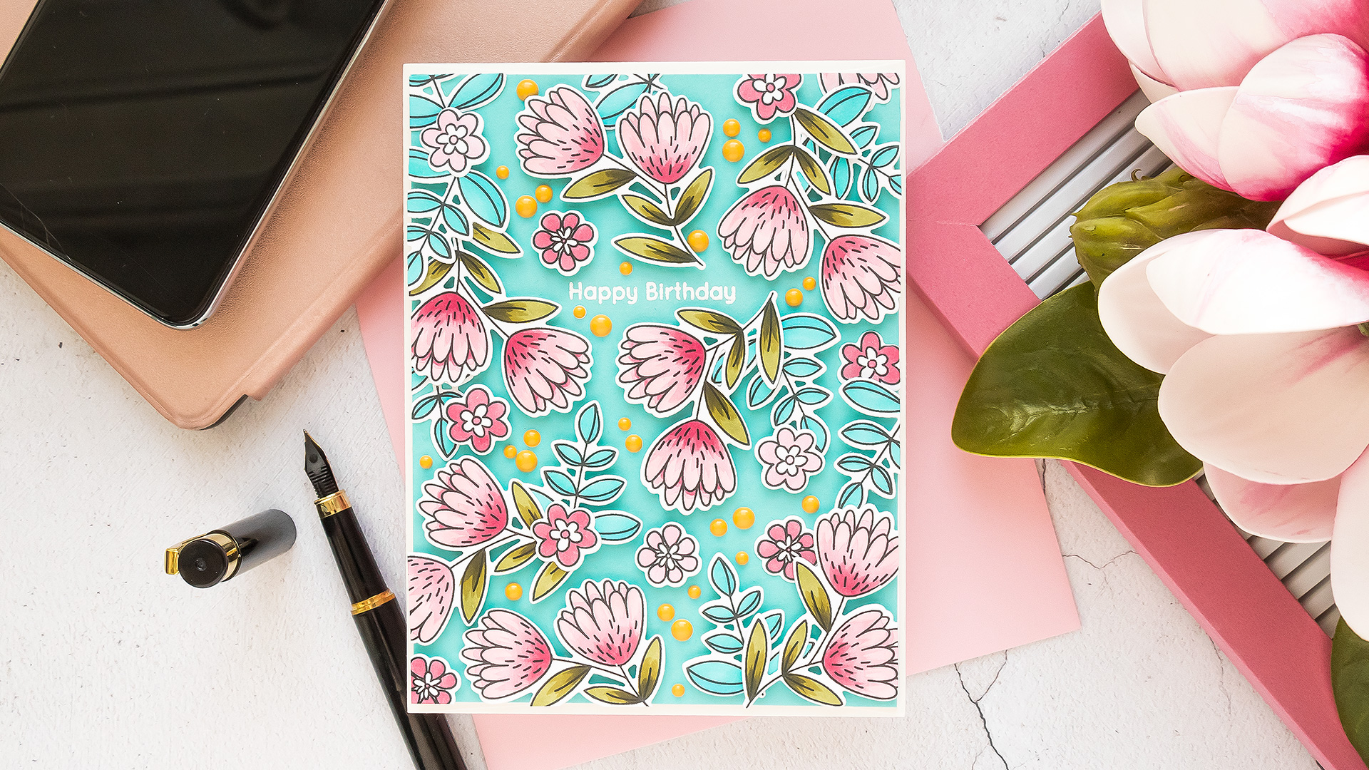 MFT Stamps | Happy Birthday Floral Greeting Card by Yana Smakula with MFT Fun Flowers stamp set | Video Tutorial #cardmaking #handmadecard #stamping #mftstamps