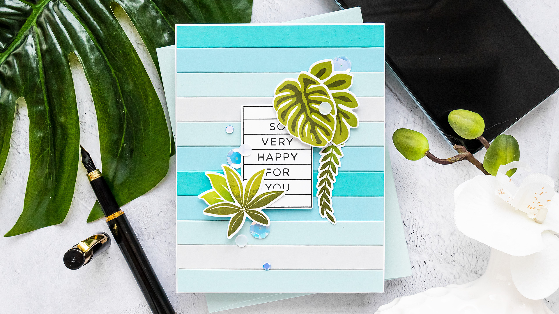 Simon Says Stamp | Tropical Stripes - Happy For You Card by Yana Smakula featuring CZ Design Stamps and Dies HAPPY DAYS set386hd and TROPICAL LEAVES SSS101620 #cardmaking #simonsaysstamp #copiccoloring #copicmarkers #handmadecard #SSSSendHappiness #SSSendACard #SSSUnitedWeCraft