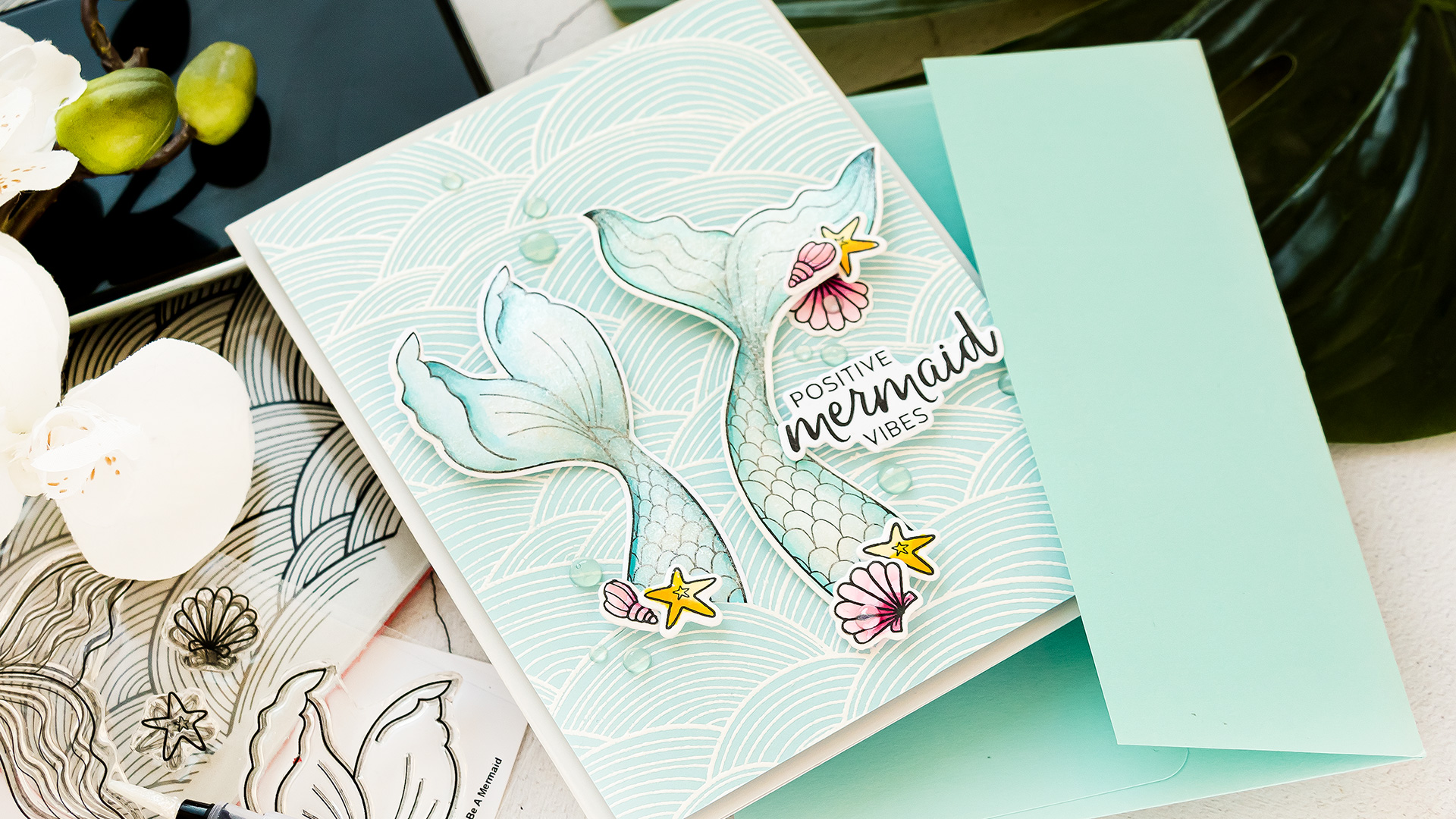 Simon Says Stamp | Positive Mermaid Vibes handmade card by Yana Smakula. Video tutorial #cardmaking #simonsaysstamp #ssssendacard #sssunitedwestand #SSSSendHappiness