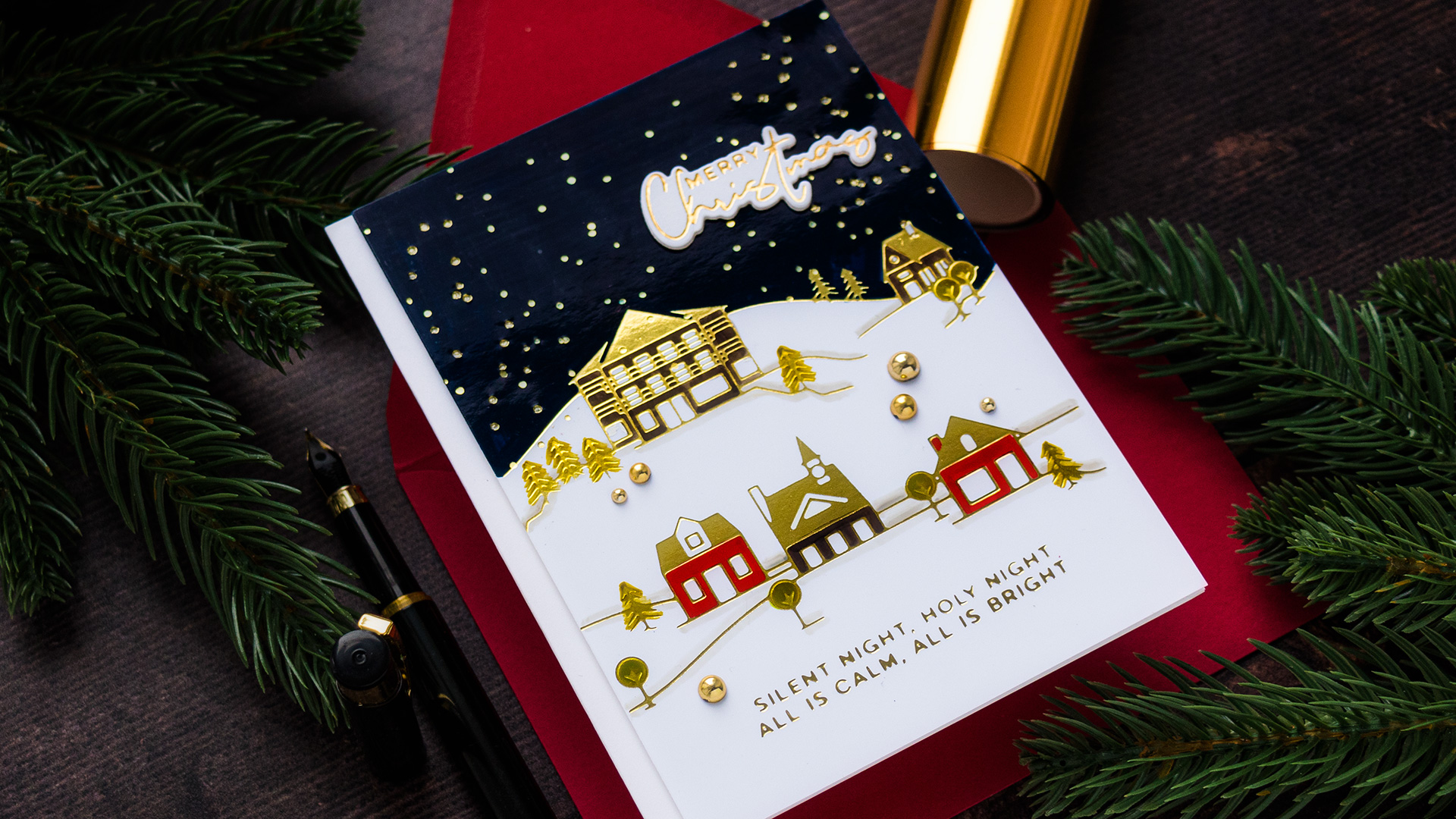 Spellbinders | Foiled Christmas Village Greeting Card by Yana Smakula #Spellbinders #GlimmerHotFloilSystem #Cardmaking