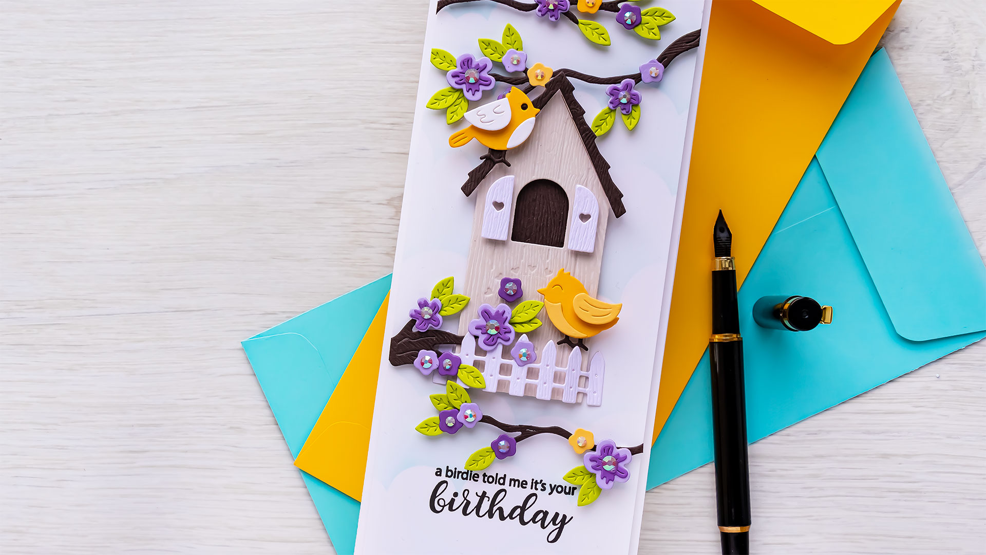 Spellbinders | Slimline Birdhouses Birthday Card by Yana Smakula